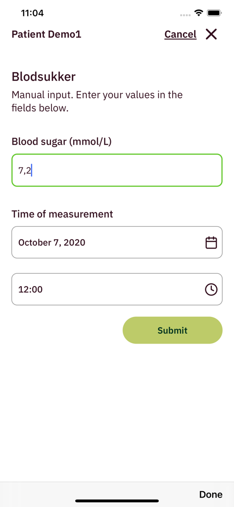 Écran de l'application Dialogg montrant la saisie manuelle des données de glycémie pour la surveillance à distance des patients.