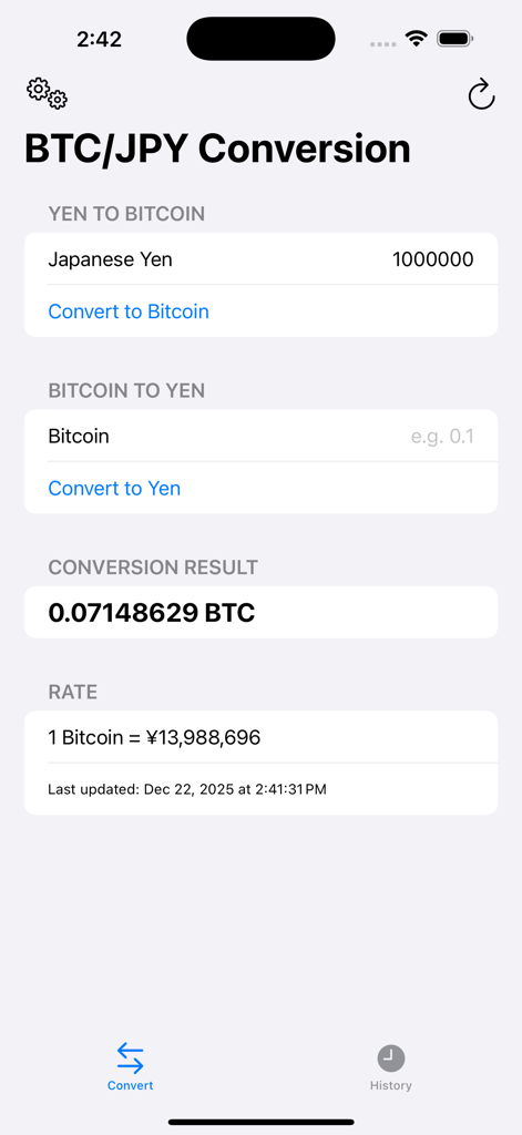 Instant BTC/JPY Calc! - Interfaz de la aplicación móvil que muestra un cálculo de conversión de Yen japonés a Bitcoin con información de la tasa de cambio en tiempo real