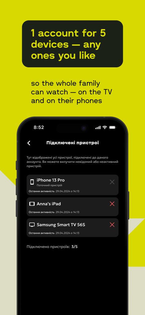 Interface do aplicativo Ukrainske TV mostrando uma conta familiar conectada a cinco dispositivos diferentes, incluindo smartphones e smart TVs