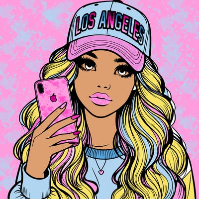 realistic beautiful girl wearing los ángeles cap holding an iphone