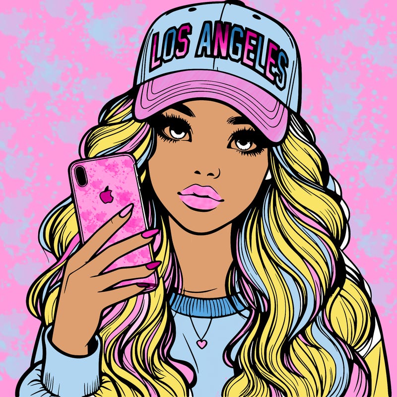 realistic beautiful girl wearing los ángeles cap holding an iphone