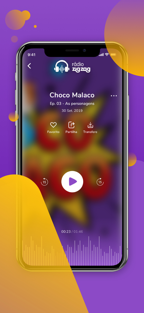 RTP Zig Zag Play - Pantalla del reproductor de radio de la aplicación RTP Zig Zag Play con un episodio de podcast infantil