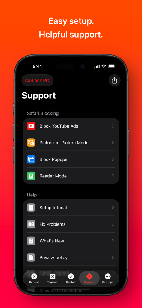 AdBlock Pro for Safari - Support screen of the AdBlock Pro app showing Safari blocking features and setup tutorials.