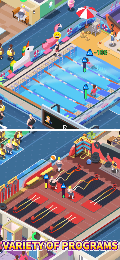 Isometric view of characters swimming in a pool and practicing battle rope exercises in a fitness tycoon game