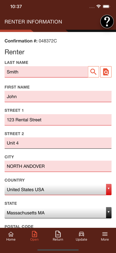 TSD Rental - A mobile application screen from TSD Rental showing a renter information form with customer details like name, address, and confirmation number.