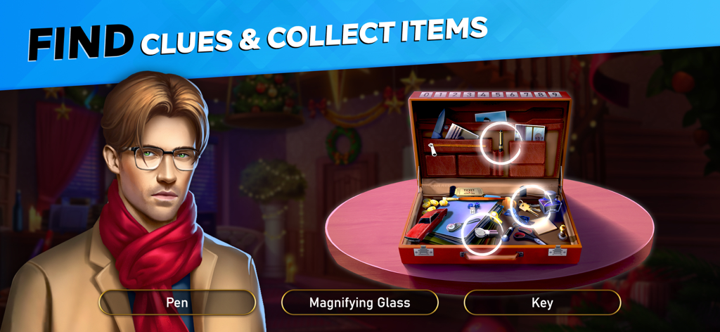 Puzzle Adventure Mysteries - ペン、虫眼鏡、パズル解決用の鍵などのアイテムが満載のブリーフケースを持つ眼鏡をかけた男性キャラクター。