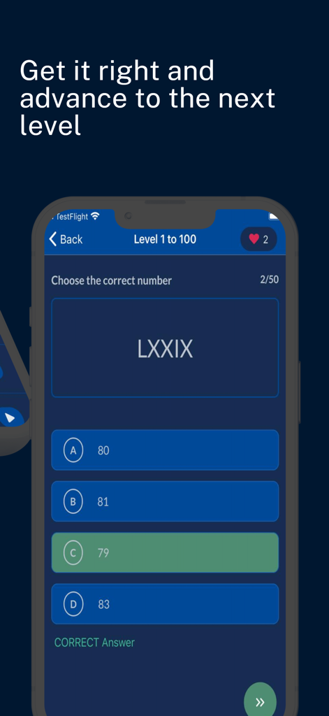 Roman Numerals Quiz: 1 to 1000 - Una captura de pantalla de la aplicación Cuestionario de Números Romanos que muestra la selección de una respuesta correcta para el número LXXIX, que se traduce como 79.