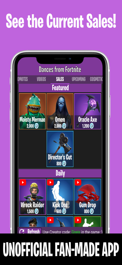 Dances from Fortnite - Interface of the Dances from Fortnite app showing current item shop sales including skins and emotes
