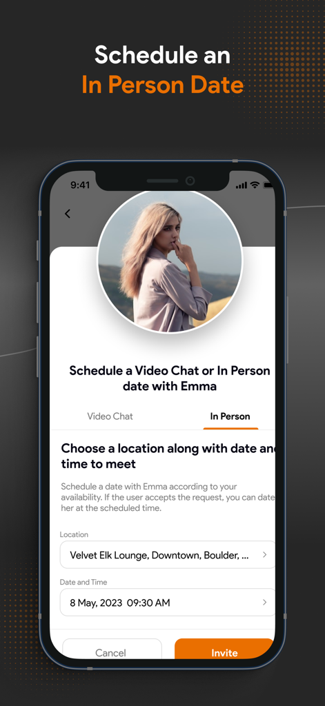Hooked On Dating Local App - Interfaz de la app Hooked On Dating para programar una cita presencial en un lugar local.