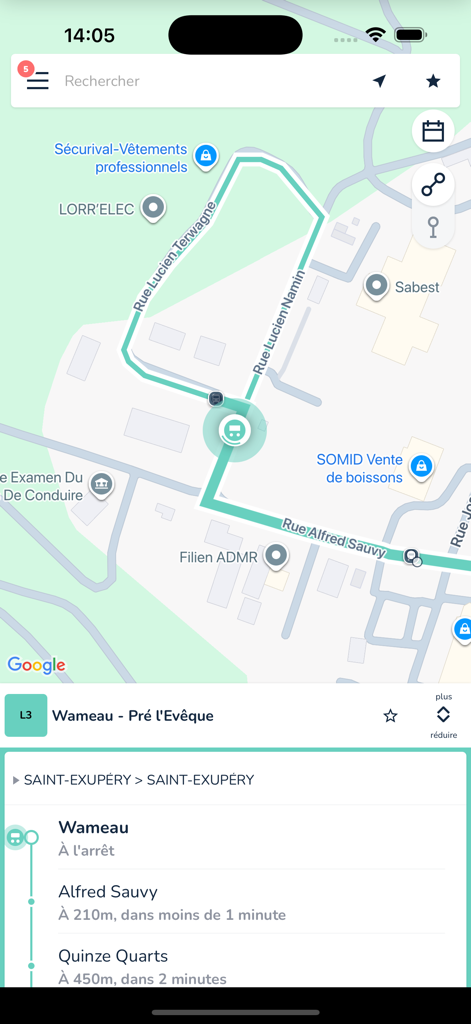 Zenbus - Zenbus app screenshot showing a live bus icon on a map route with upcoming stop times for the Wameau line.