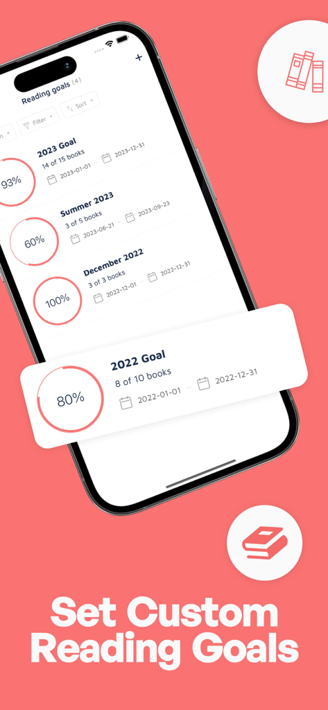 Bookshelf app interface displaying progress bars for custom yearly and seasonal reading goals