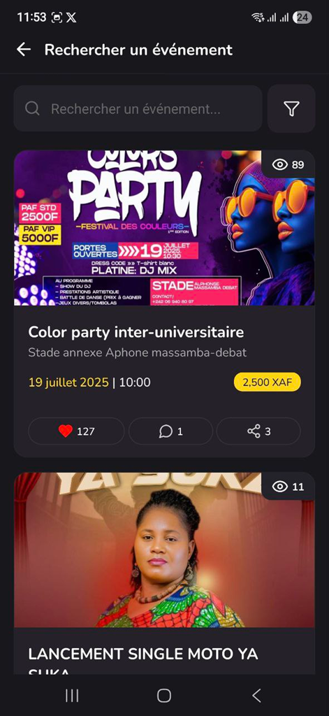 Rhodium - Mobile screen of Rhodium app showing a list of upcoming local events like a color party and music launch