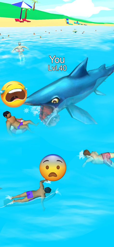Shark Attack -Simulator games - A level 40 blue shark attacking swimmers at a beach in a simulator game.