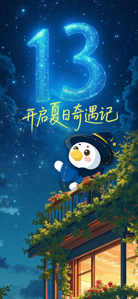 Muniao Minshu présente sa mascotte, un magicien, sur un balcon sous un ciel étoilé pour sa campagne estivale du 13e anniversaire.