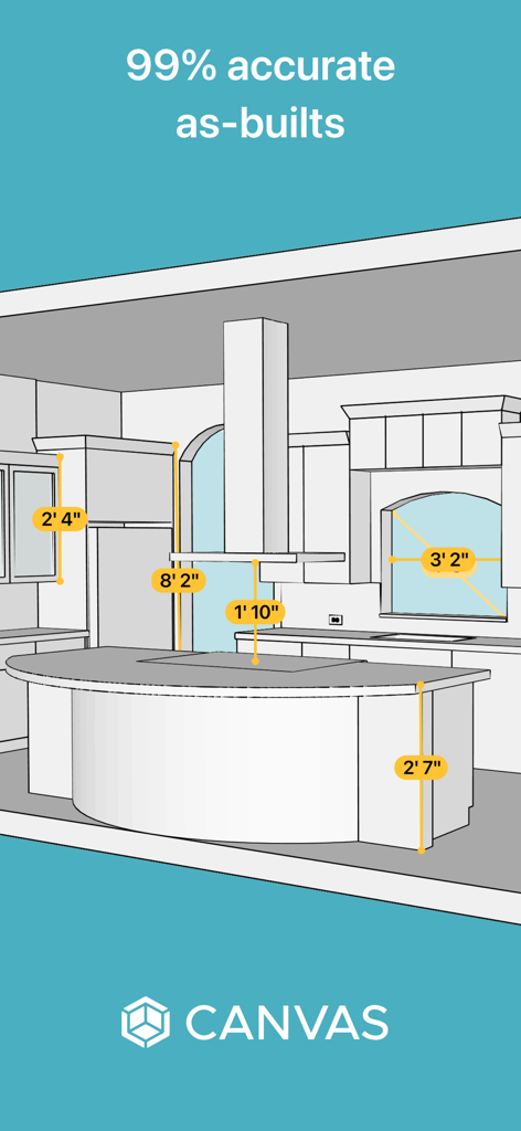Un modello architettonico 3D di una cucina che mostra misurazioni precise per armadietti e piani di lavoro