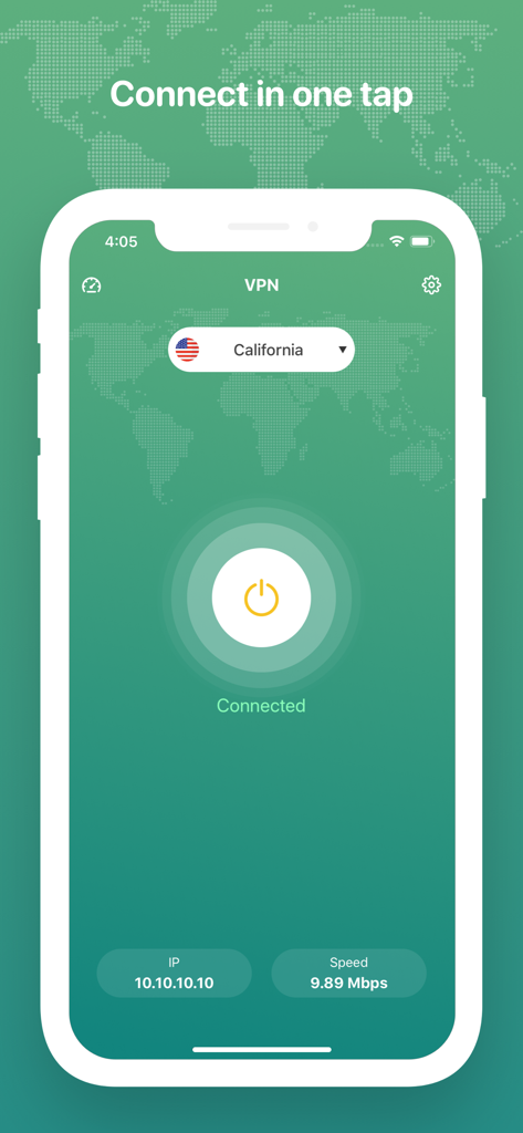 VPN: super unlimited proxy vpn - Screenshot der VPN-App, der eine erfolgreiche Verbindung zu einem kalifornischen Server mit einer einfachen Ein-Tipp-Oberfläche zeigt