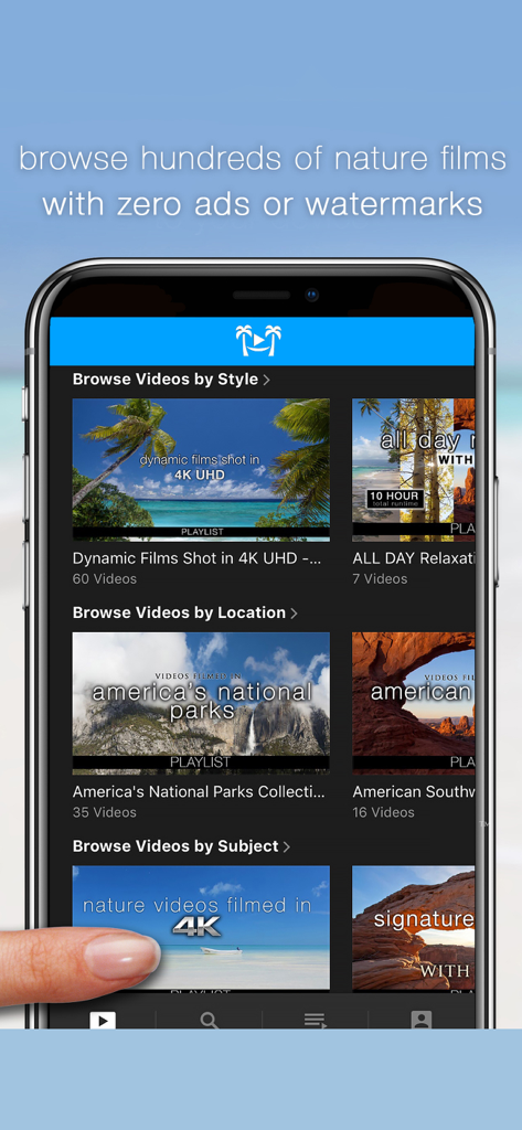 A mobile screen showing the Nature Relaxation On-Demand app interface with categories for browsing nature films by style location and subject