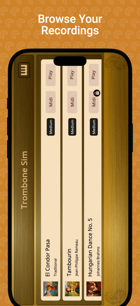 Trombone Sim - Browse your recordings screen in Trombone Sim app showing a list of songs with play and midi options