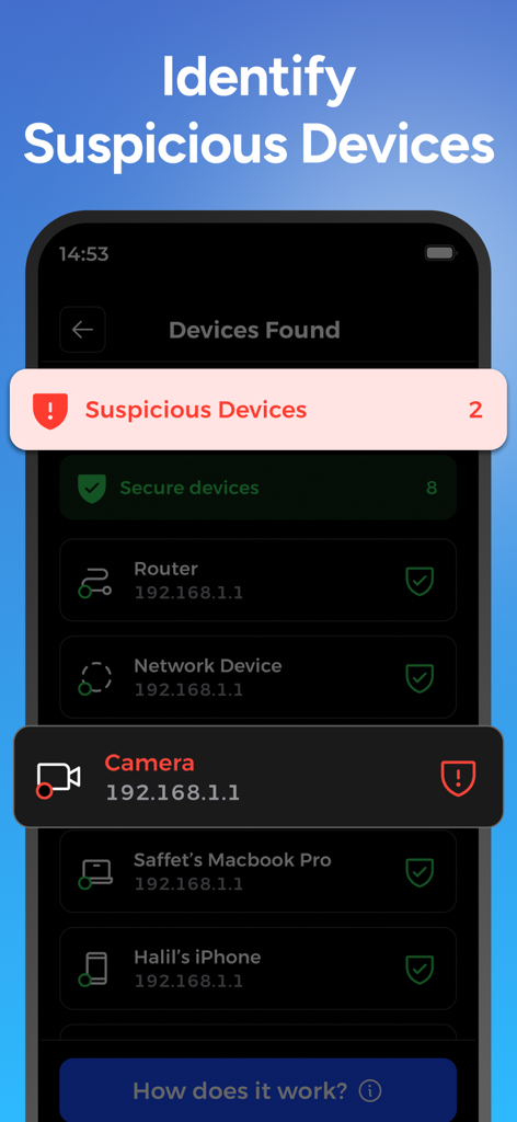 App screen showing a list of detected network devices with a suspicious camera highlighted in red.
