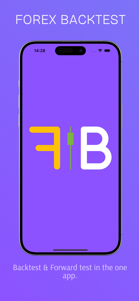 Forex Backtest - Pantalla de inicio de la aplicación móvil Forex Backtest en un iPhone con el logo de FB y un icono de gráfico de velas y lema de trading