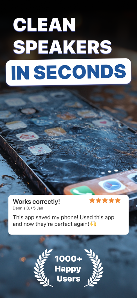Water Cleaner: Liquid Remover - iPhone covered in water with a five star user testimonial for the Water Cleaner app