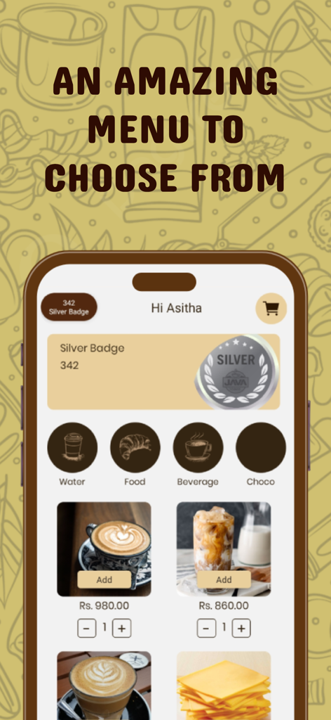 Java Lounge mobile app screen showing a menu of coffee and food with silver loyalty badge rewards