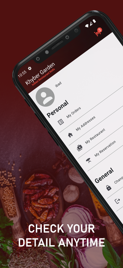 Khyber Garden - Khyber Garden app user profile menu showing personal account details