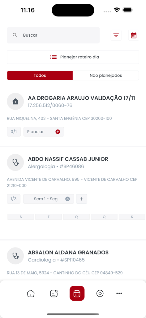 Schermata dell'app mobile per i rappresentanti di vendita farmaceutica per pianificare i percorsi giornalieri e gestire le visite mediche