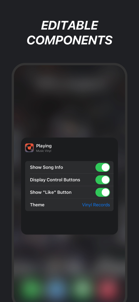 A settings menu on an iPhone showing editable components for a music widget including song info and vinyl record themes.