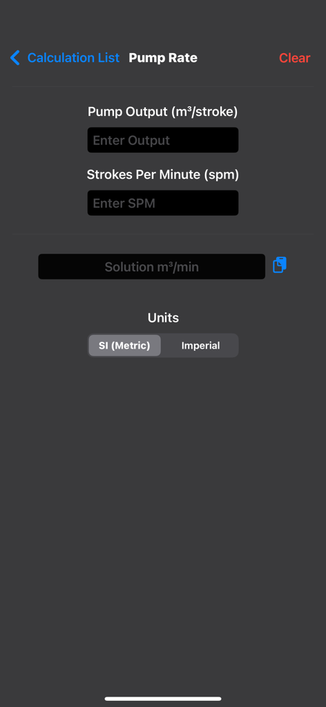 Petroleum Field Calculator - Pump Rate calculation screen in the Petroleum Field Calculator app with metric unit inputs