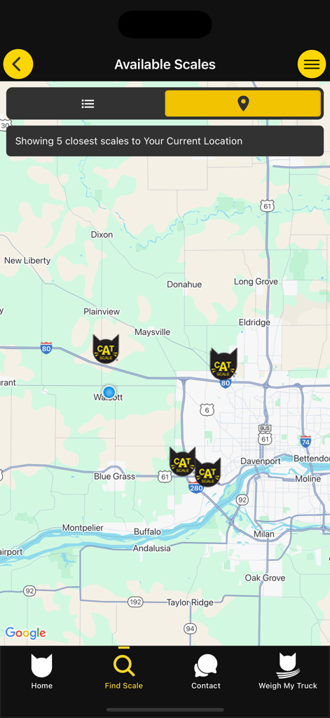 CAT Scale Locator - Interface de mapa do aplicativo CAT Scale Locator mostrando cinco localizações de balanças para caminhões próximas em um mapa