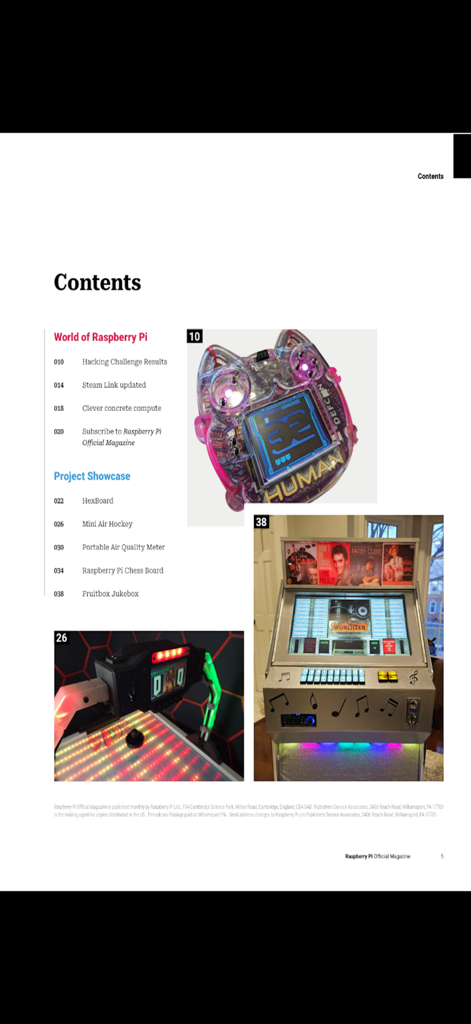 Raspberry Pi Official Magazine - Table of contents from the Raspberry Pi Official Magazine showcasing maker projects like a digital jukebox and mini air hockey