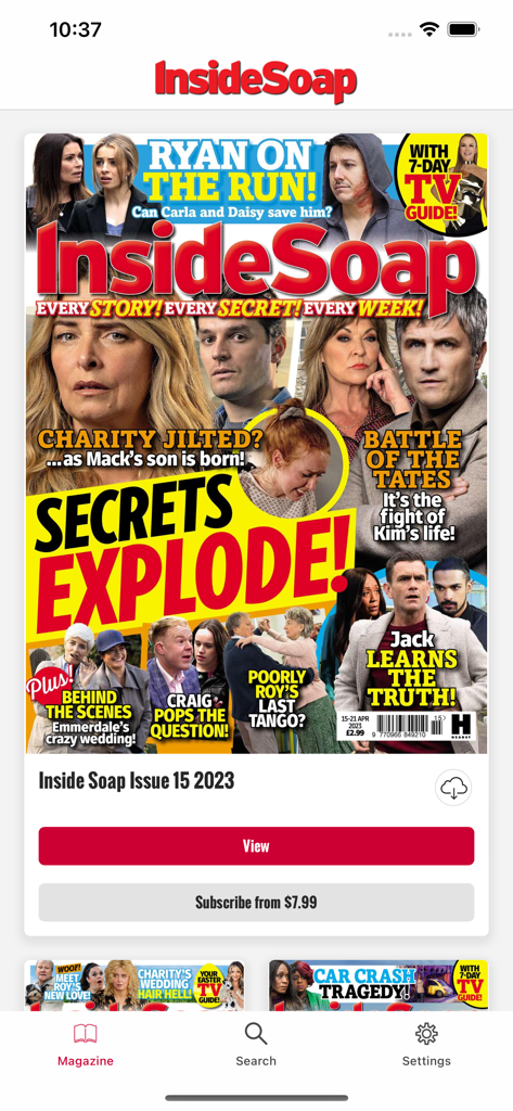 Inside Soap UK - Inside Soap UK app interface showing a digital magazine cover with soap opera headlines and characters