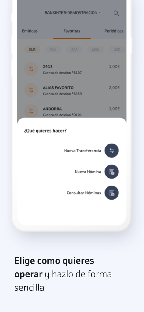 新しい送金と給与管理のメニューを示すBankinter Empresasモバイルアプリの画面。