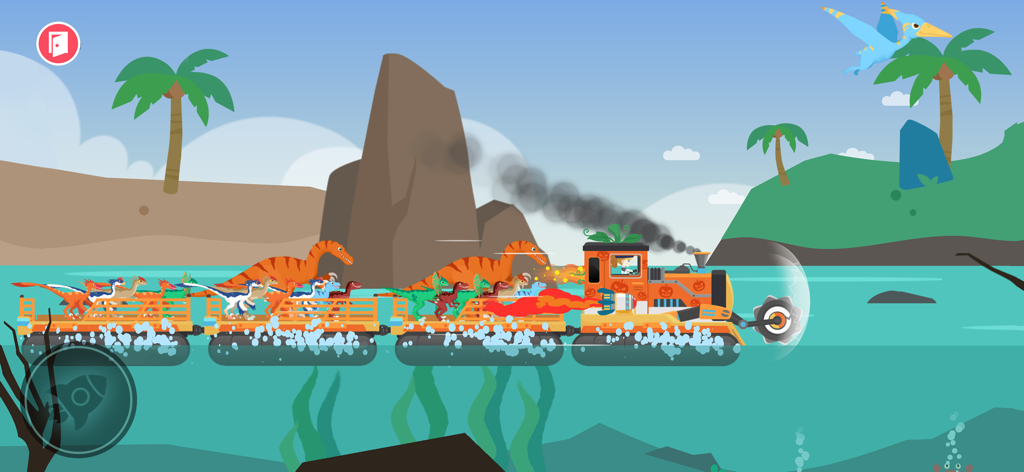 An orange rescue train carrying small dinosaurs across the water in a tropical setting
