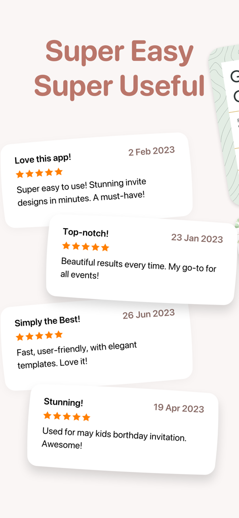 Invitation Maker - Invyt - Positive user testimonials and five-star ratings for the Invyt invitation maker app showing easy and beautiful design results.