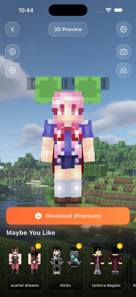 A 3D preview of a custom Minecraft skin with pink hair in the MCPE Skins and Addons app.