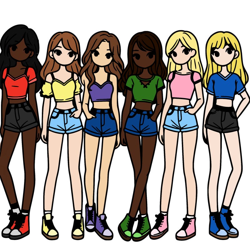 a group of girls wearing crop tops and shorts