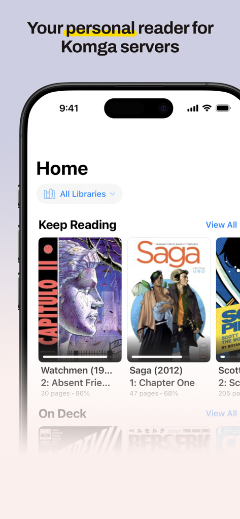 Komic - Comic/Manga Reader - Komic App-Startbildschirm, der eine Comic-Bibliothek mit Fortschrittsverfolgung für Komga-Server anzeigt