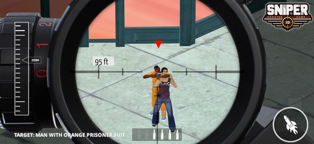 Vista de la mira de francotirador apuntando a un criminal con traje de prisionero naranja reteniendo a un rehén en Sniper 3D