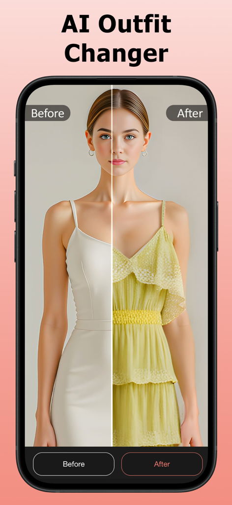 Recolor Dress & Clothes Colour - A split-screen comparison in the Recolor Dress app showing a woman's white dress transformed into a yellow ruffled dress using AI.