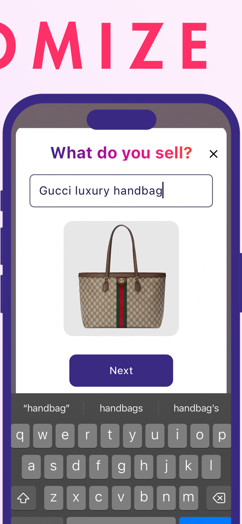 Smartphone interface of Ad Creative AI app showing a product input field with the text Gucci luxury handbag and an image of the bag