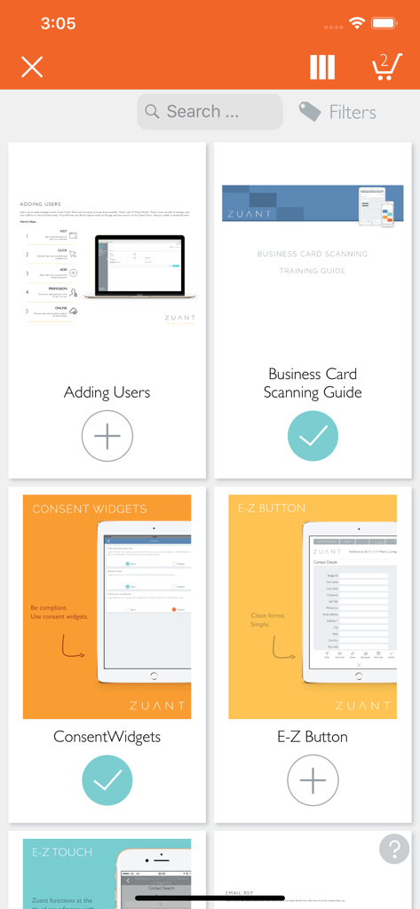 Zuant - Interface do aplicativo Zuant mostrando uma biblioteca de guias de vendas e ferramentas de captura de leads.