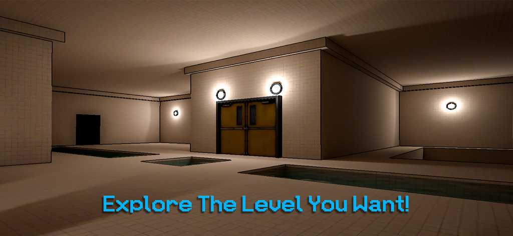 Backrooms Union Multiplayer - Backrooms Union Multiplayer のリミナルなプールルームレベルに、「探索したいレベルを探索しよう」というテキストが表示されている