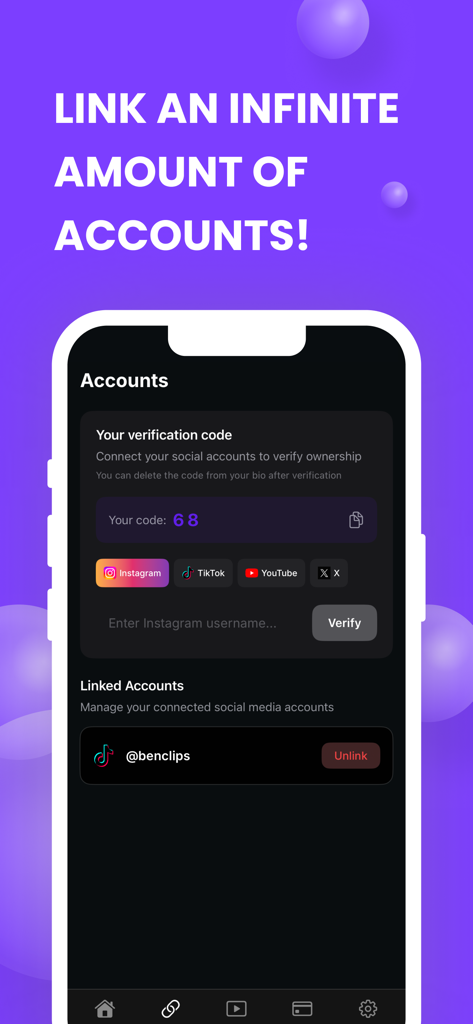 Clippable - Earn Money Posting - Clippable app interface showing the process for linking multiple social media accounts like TikTok and Instagram for creators.