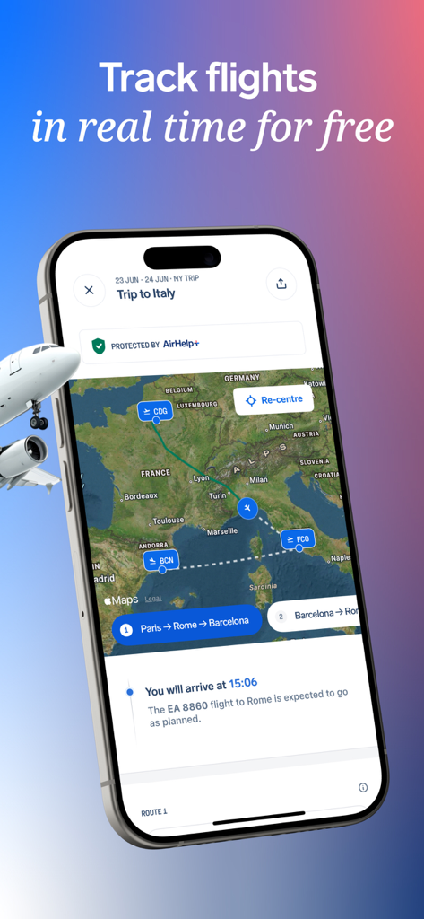 AirHelp app interface showing real time flight tracking map and trip details