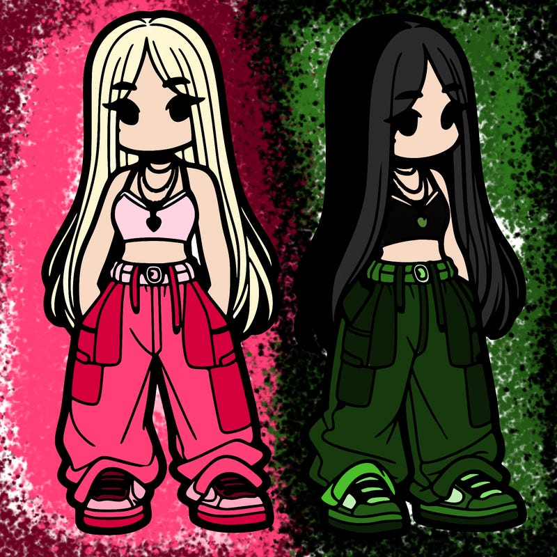 girl in baggy pants crop top and long hair