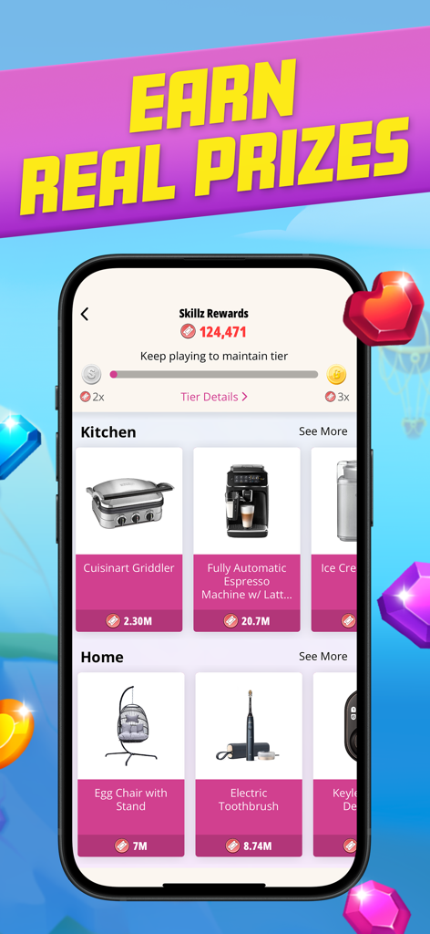 Diamond Strike - Match 3 Games - Diamond Strike app screen showing real prizes like kitchen appliances and home goods redeemable with Skillz Rewards points