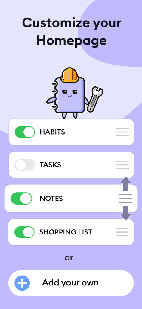 Interfaz de la aplicación Planwoo para personalizar el diseño de la página de inicio y activar funciones como hábitos y tareas
