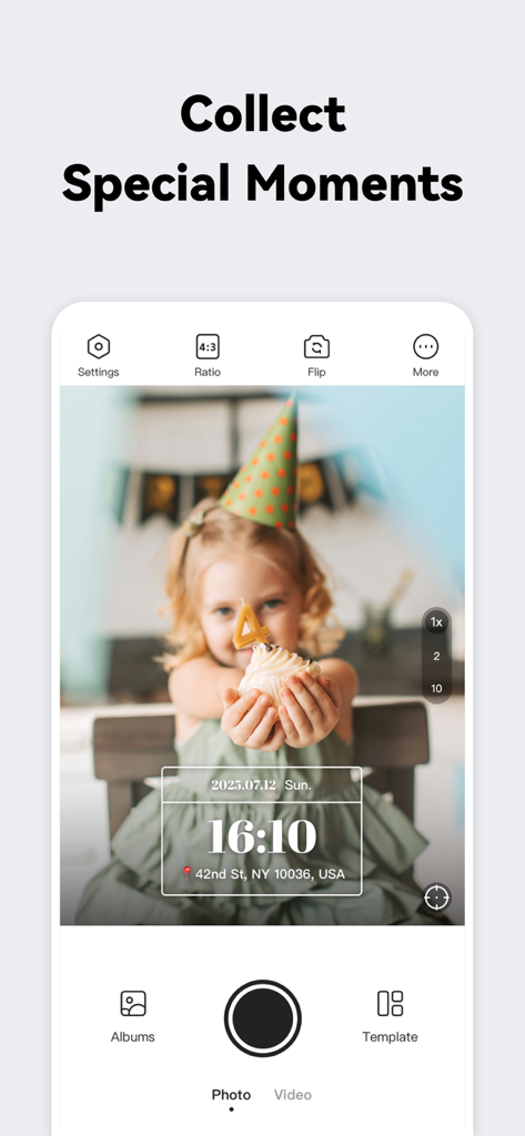 Timestamp camera interface displaying a birthday photo with time and location watermark